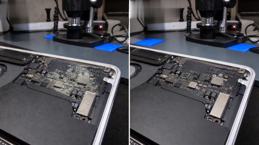 Ремонт MacBook после залития: сравнение техники до и после работы